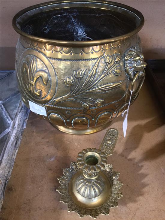 Brass jardiniere and chamber stick